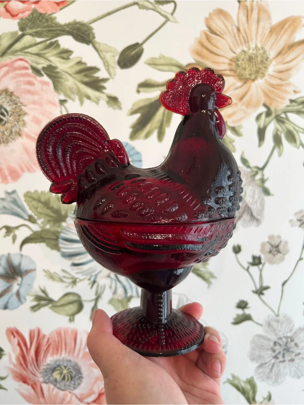 Ruby Red Glass Rooster Covered Dish Farmhouse Kitchen Decor Candy Trinket Box